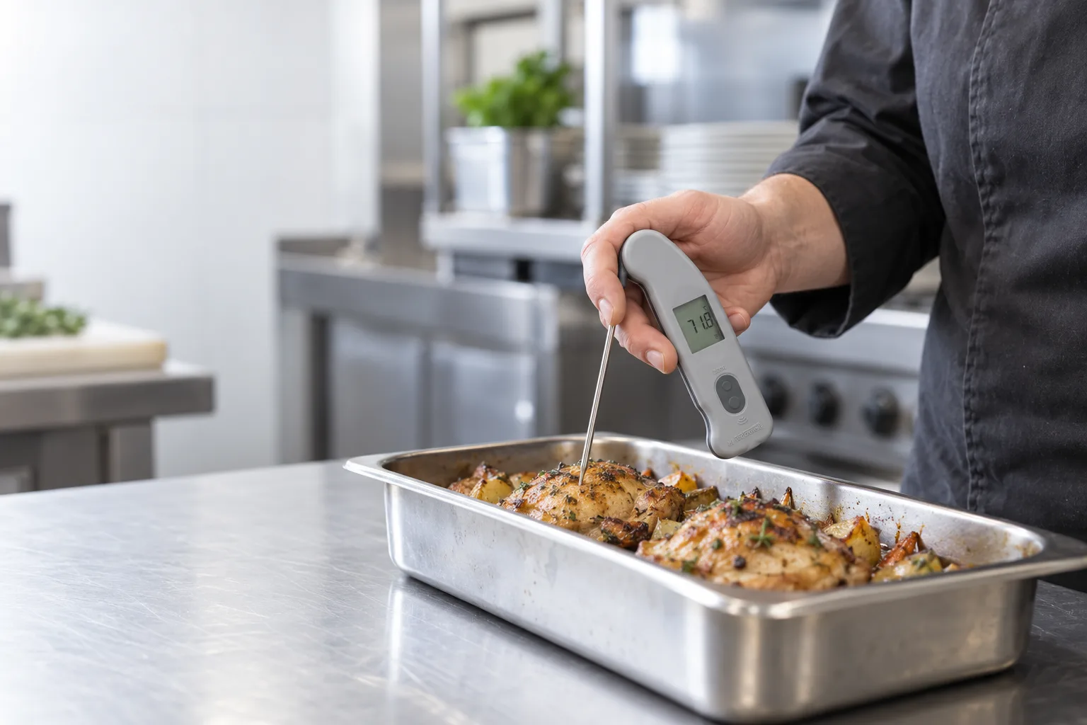 A kitchen worker measures the temperature of a dish with the Thermapen IR Blue; their face is out of frame.